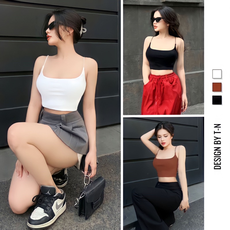 Áo 2 dây croptop sợi bún vải cotton hai lớp dày dặn ôm body sexy T-N TUẤN NGA COLLECTION.