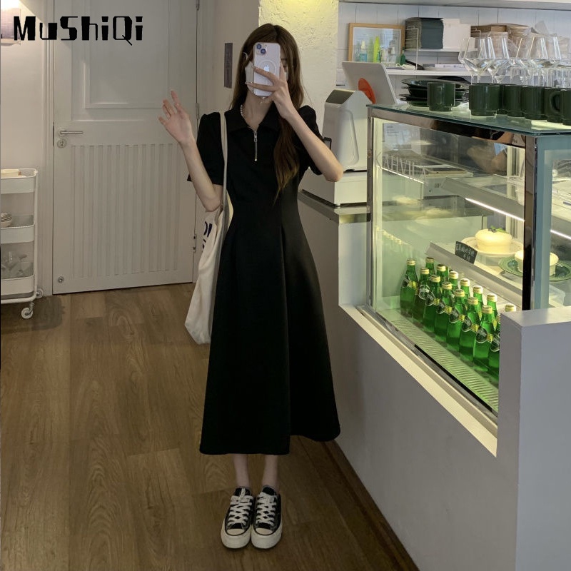 Đầm Chữ A Ngắn Tay Cổ Polo Xếp Ly Ôm Eo Thời Trang Cho Nữ