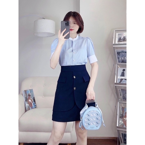 Chân váy công sở chữ A kèm vạt phối cúc và nắp túi giả dài 50cm siêu che bụng