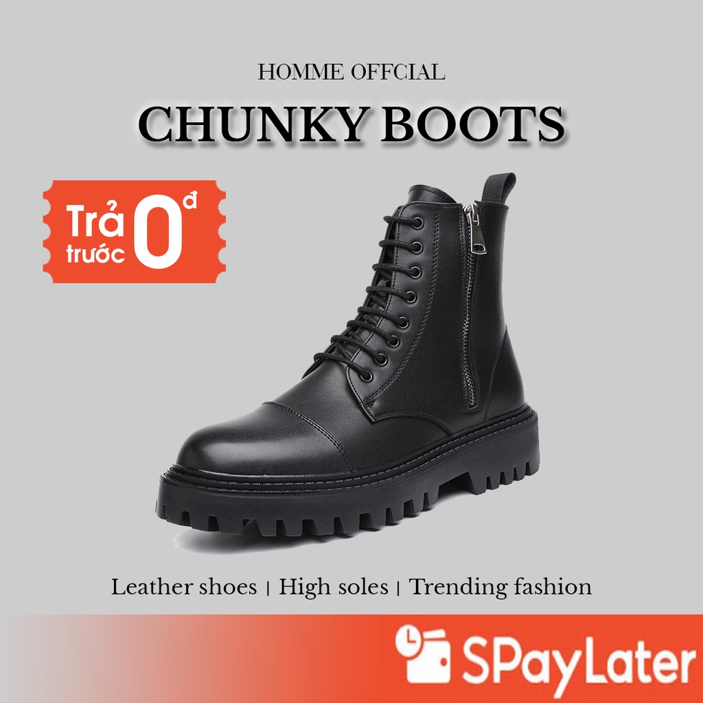 Giày Chunky Combat Boots , Giày Boots cao cổ nam HOMME đế 4cm tăng chiều cao 12510-R