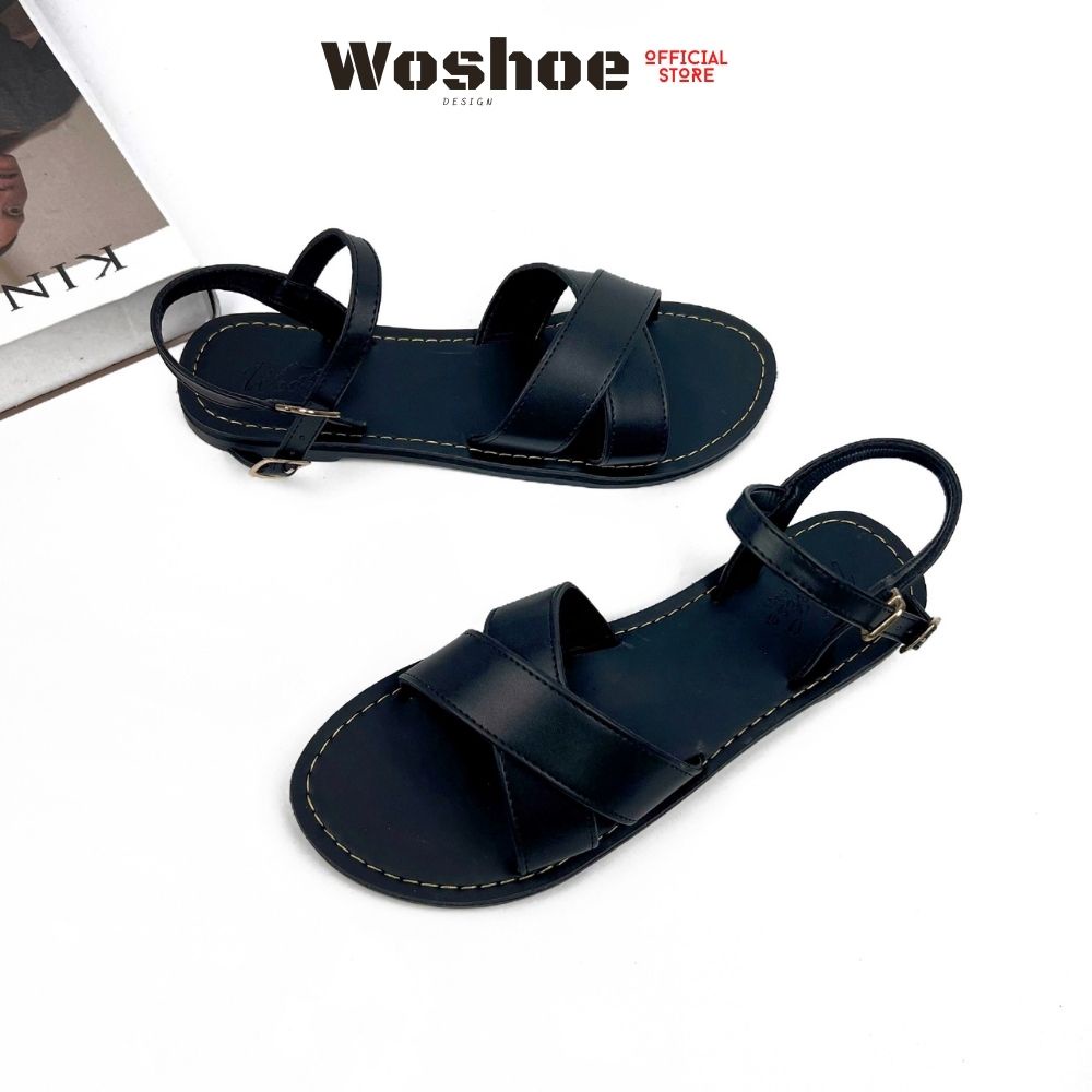 Giày sandal nữ quai chéo đế bệt WOSHOE đi học, đi làm full đen bigsize 34-42 W14