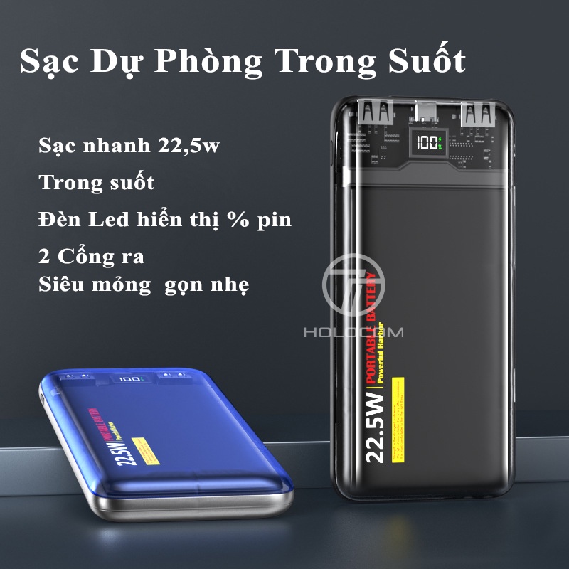 Sạc Dự Phòng Trong Suốt 10000mah 20000mah HOLOCOM WP351 WP353 Thiết Kế Sang Trọng Hiển Thị % Pin