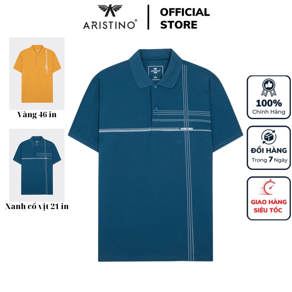 Áo thun polo nam Aristino APS046S3 ngắn tay cổ bẻ dáng slim fit ôm nhẹ màu xanh cổ vịt 21 in vàng 46 vải cotton cao cấp