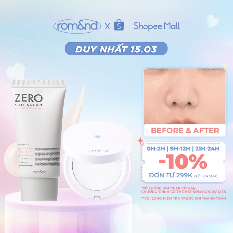 Combo Kem chống nắng Romand Zero Sun Clean 50g + Phấn phủ dạng nén ...
