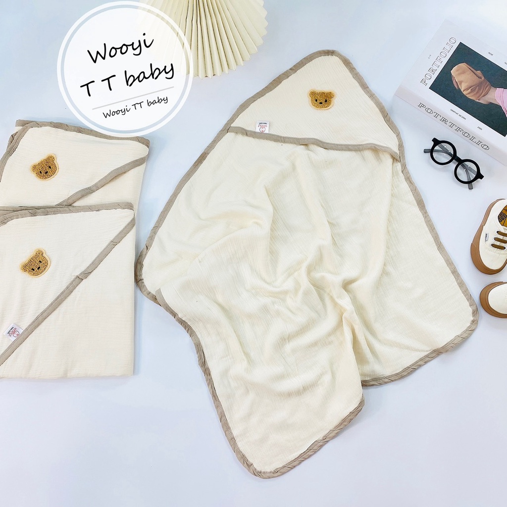 Ủ choàng cho bé sơ sinh - ủ Xô Muslin gắn gấu bông xù Wooyi
