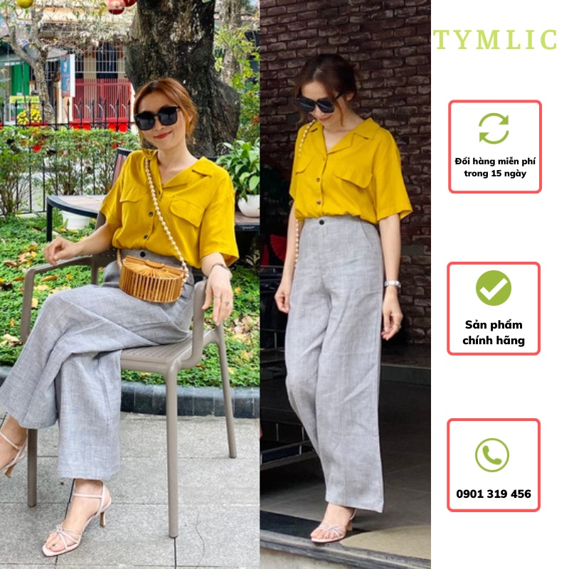 Áo Sơ Mi Đũi Ngắn Tay Phối Túi Giả Màu Vàng TYMLIC