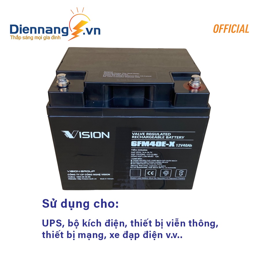 Ắc quy Vision 6FM40E-X, bình ắc quy 12V - 40Ah cho UPS, Inverter, xe đạp điện v.v..