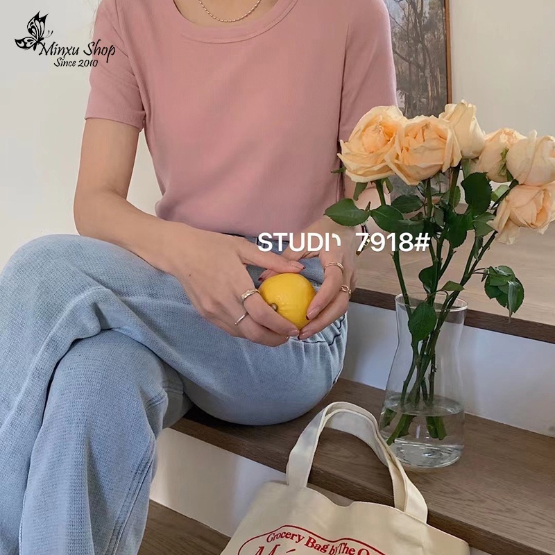 Áo phông ngắn tay cổ tròn trơn nhiều màu Minxu shop PG16