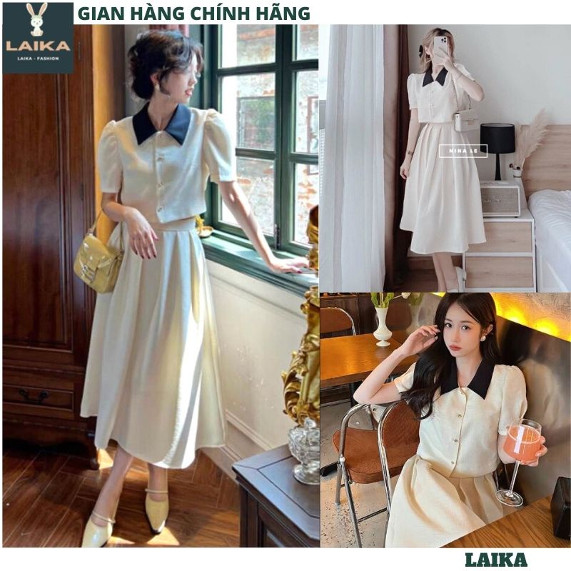 Bộ chân váy trắng xòe dài kèm áo cộc tay bồng kiểu dáng tiểu thư sang chảnh - Set đầm trắng HOT- LAIKA V86