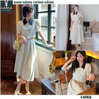 Bộ chân váy trắng xòe dài kèm áo cộc tay bồng kiểu dáng tiểu thư sang chảnh - set đầm trắng hot- laika v86