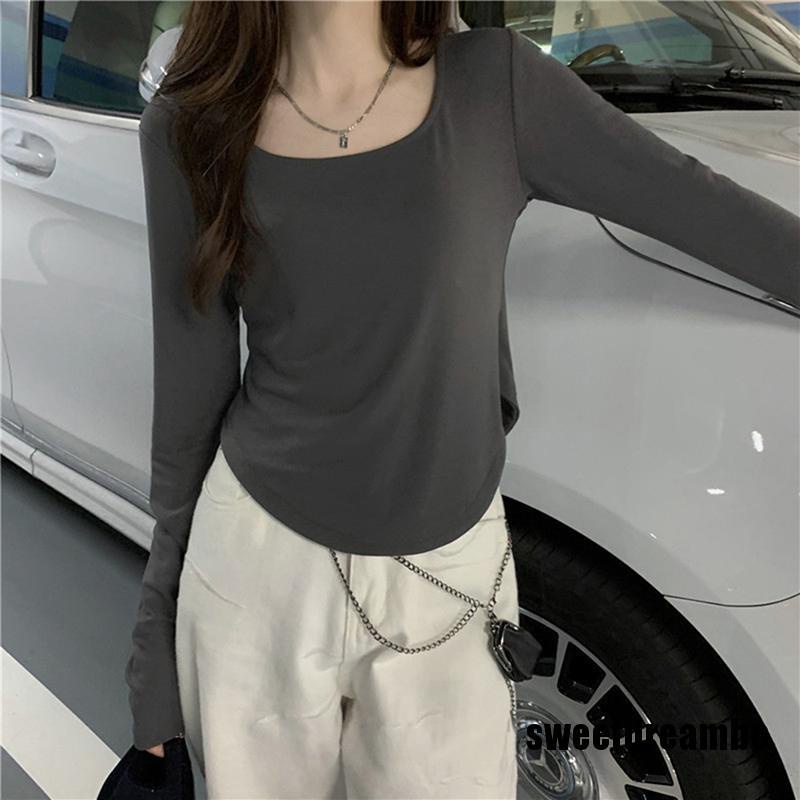 Áo Thun Tay Dài Cổ Vuông Thiết Kế Độc Đáo Cho Nữ