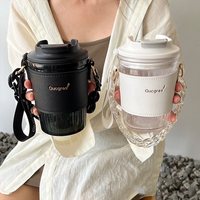 Ly Nước GORGOUS 420ml, Cốc Nước Có Bao Da + Quai Xách Tay, Dây Cầm Tay Sang Chảnh