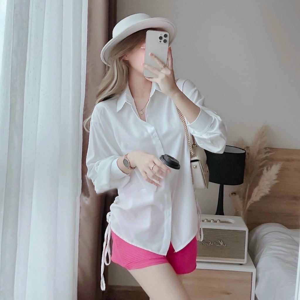 Áo sơ mi rút dây eo tay dài form rộng kiểu dấu quần, Áo sơmi nữ phông rộng đủ màu siêu xinh có hình thật