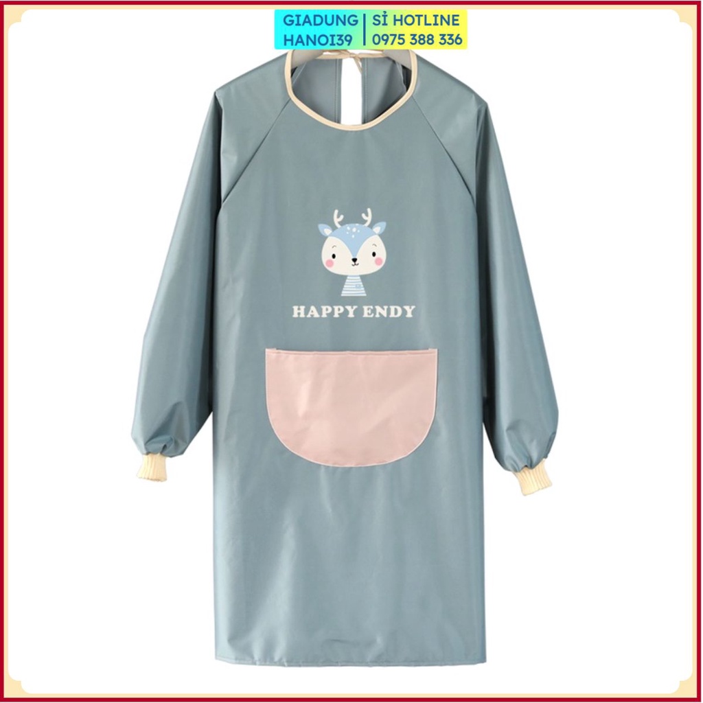 Tạp dề áo dài tay một mầu phối túi chống thấm nước hoạt tiết hoạt hình cho nữ ( giao họa tiết ngẫu nhiên )