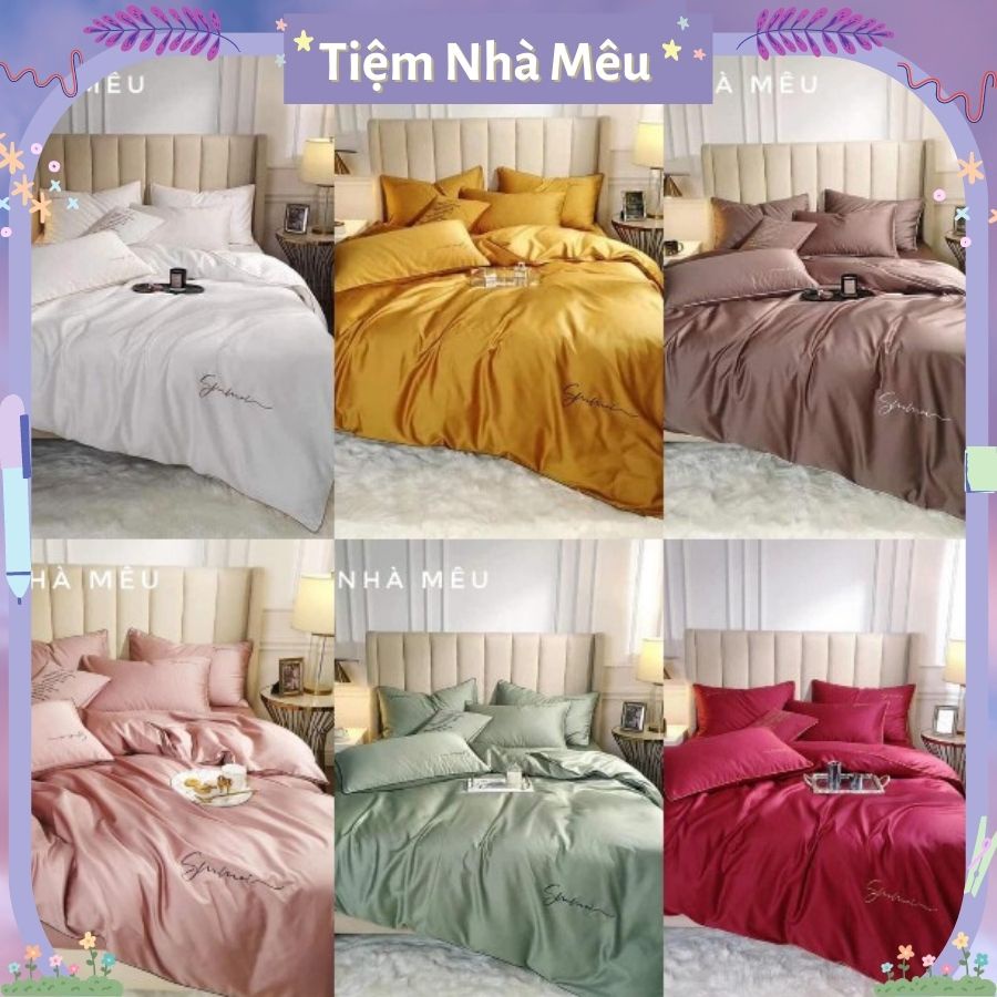 Bộ Chăn Ga Gối Lụa ✨ m6/m8/2m - Tiệm Nhà Mêu✨Set 4 Món Tencel Basic Màu Trơn Chữ Sumoi (Nhiều Màu - Vol3)