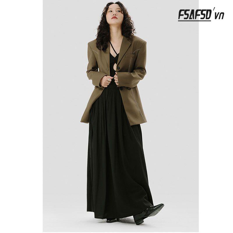 Đầm Thể Thao Dệt Kim Màu Đen Cổ Chữ V Năng Động Thời Trang Theo Phong Cách Pháp