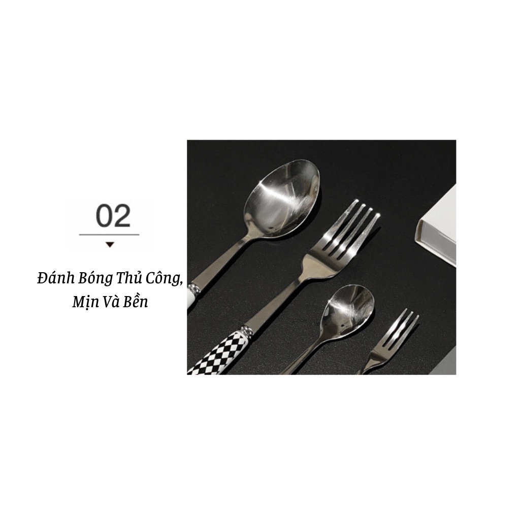 SET dao muỗng nĩa 5 món chuôi sứ cán INOX 304 chống gỉ hộp độc đáo