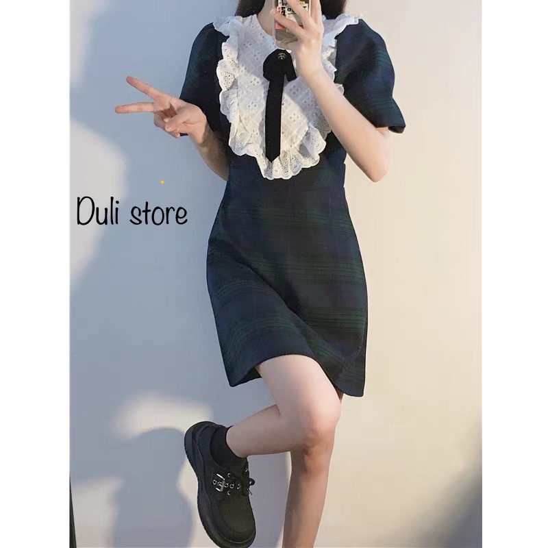 Đầm Nữ Tay Phồng Thắt Nơ Phối Ren Vintage Kiểu Pháp Thanh Lịch Mới-Kèm hình thật