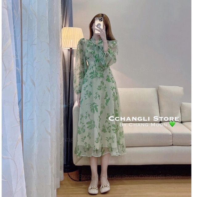 (HÀNG THIẾT KẾ) Váy Voan Tơ Cổ V Buộc Nơ 2 Lớp Cúc Bọc Hoa Xanh