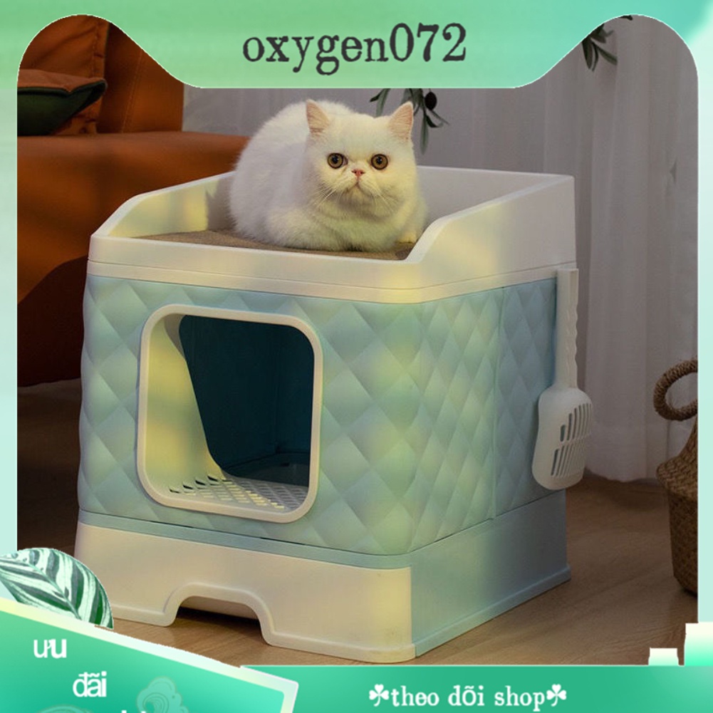Nhà vệ sinh cho mèo có ngăn kéo khép kín có cửa vào ra riêng chống văng cát -  Có Nắp Đậy Tháo Rời Được Tiện Dụng - oxygen072