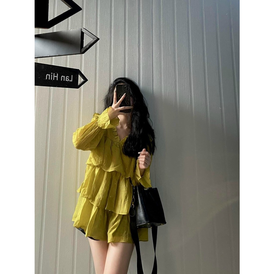 Áo Sơ Mi Nữ Tơ bèo cổ tim, Áo Đũi Tơ Babydoll Bèo Tầng Bo Chun Tay