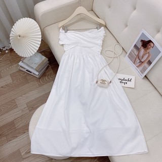 Váy Maxi Trễ Vai Pha Lụa Thô Mềm 2 Màu Có Ảnh Thật