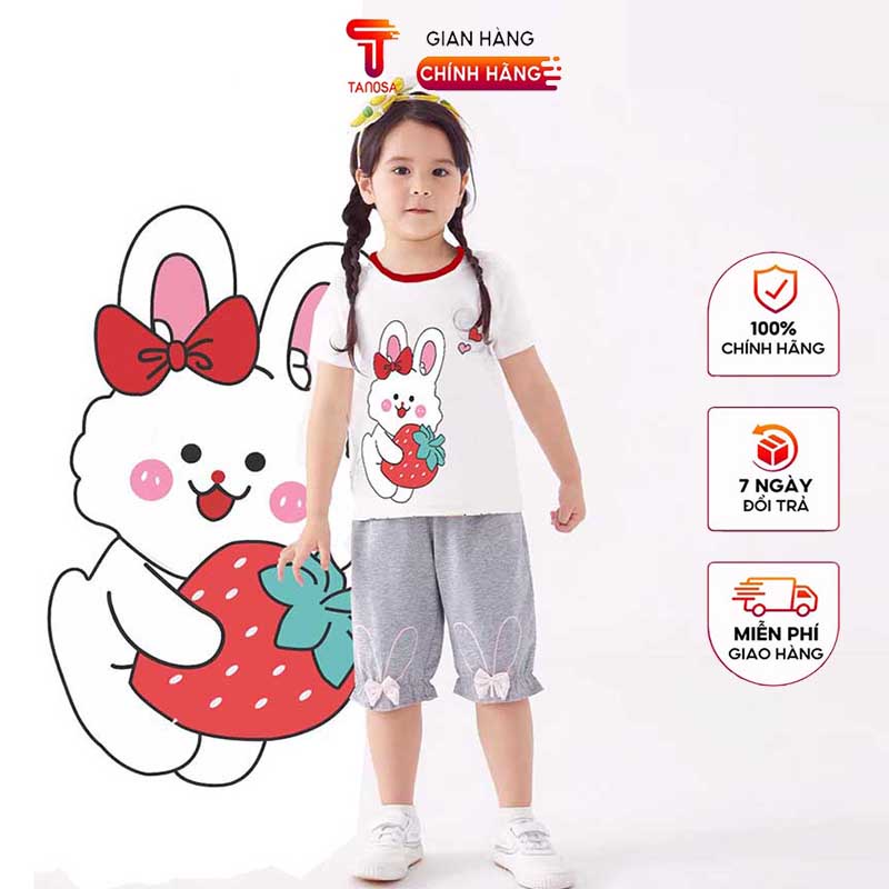 Áo phông áo thun cộc tay TANOSA in hình thỏ dâu tây chất cotton cổ tròn viền size 13-33kg