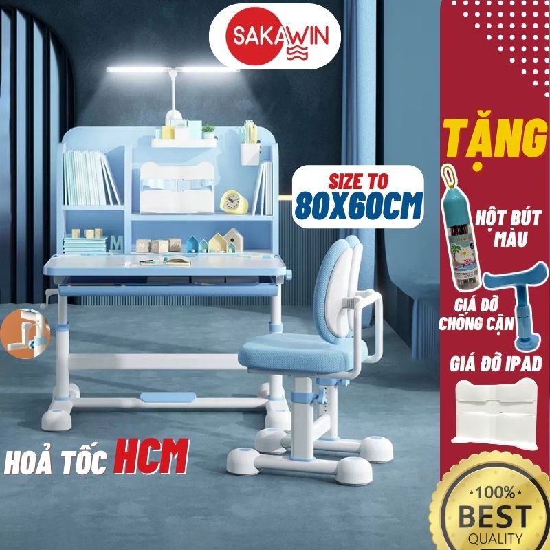 Bộ bàn học cho bé Sakawin A16 Plus Bàn học chống gù có Nâng hạ tay quay cao cấp Bộ quà tặng cao cấp