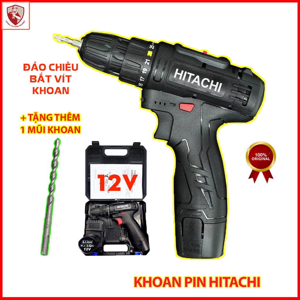 [Tặng mũi khoan] Máy khoan pin HITACHI 12V, Bắn Vít, Vặn vít - Khoan cầm tay 2 cấp tốc độ, 100% đồng, Siêu bền, Có Đèn