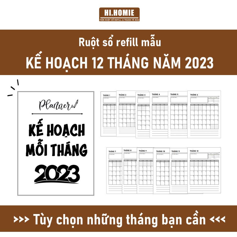 Mẫu kế hoạch mỗi tháng năm 2023 - Ruột sổ còng, giấy refill A4, A5 - Hi Homie