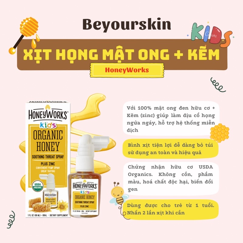 Xịt họng mật ong và kẽm hữu cơ Honeyworks Kids Organic Honey Soothing Throat Spray Plus Zinc