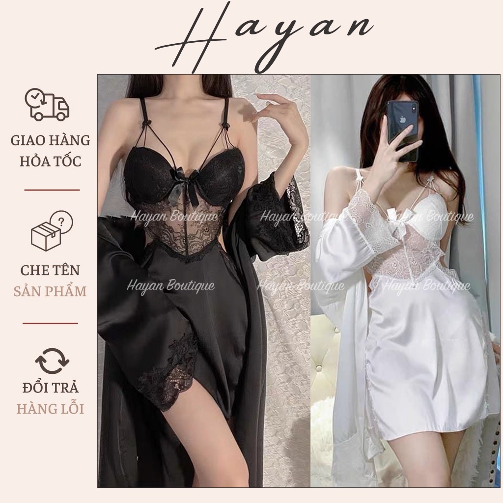 HT224 Set váy ngủ và áo choàng sexy phối ren triết eo có GỌNG kèm ĐỆM LÓT tôn dáng HT224 (181+36) | BigBuy360 - bigbuy360.vn