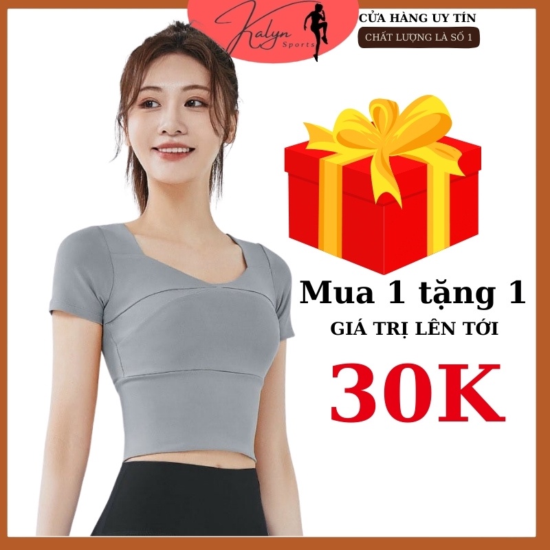 Áo thun nữ, áo thể thao cộc tay nữ có đệm ngực thoáng mát ôm eo cổ tim gợi cảm- Kalyn Sports