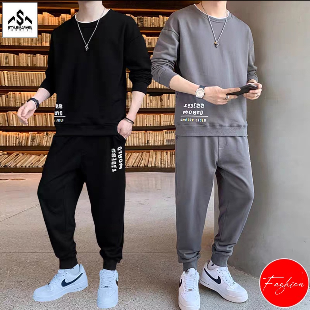 Bộ đồ thu đông nam STYLE MARVEN áo sweater nỉ cổ tròn dài tay in chữ và quần jogger thể thao - SET NAM 90000197C