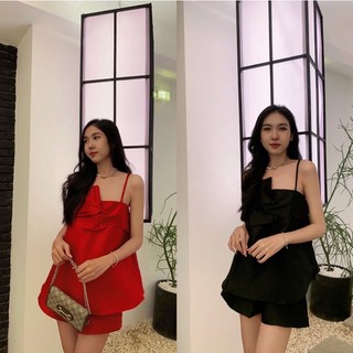 Lita Set : Set áo peplum xếp nơ ngực + quần short tafta xược