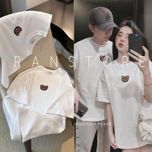 Áo thun cặp đôi thêu hình gấu sắc nét, phông 3158 basic form rộng dễ phối đồ dành cho nam nữ style Hàn ranstore