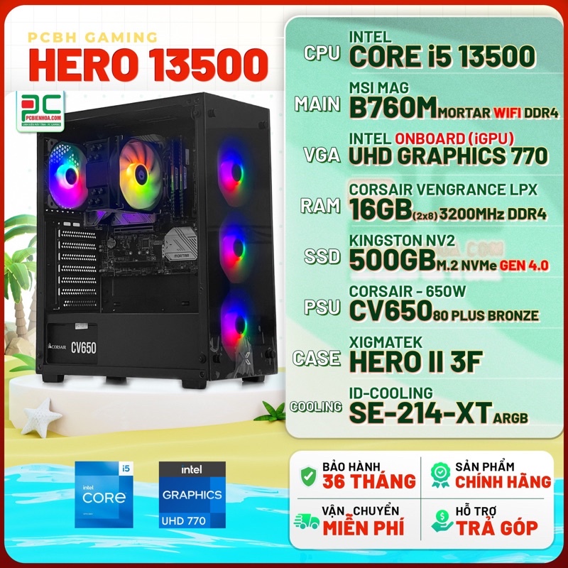 Bộ máy tính Gen 13 I5 13500/B760M/16G/500G/650WHero 3F - Hàng mới 36T