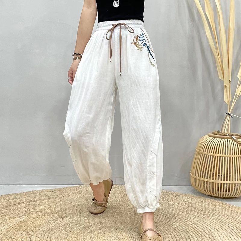 Quần baggy linen KAMAKA lưng thun thêu hoa hoa lá ống túm - NU8455