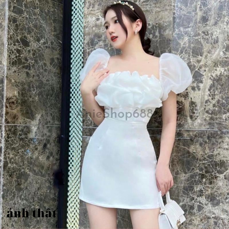 Đầm Nữ dự tiệc trễ vai sang trọng quý phái chất liêu vải umi phối voan ,Đầm ôm body tay bồng bèo ngực ,ANIESHOP688