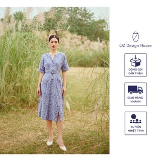 Đầm nữ OZ Design House DA17239AUT22 cotton cổ tầu tròn chiết eo in hoa màu xanh nhạt