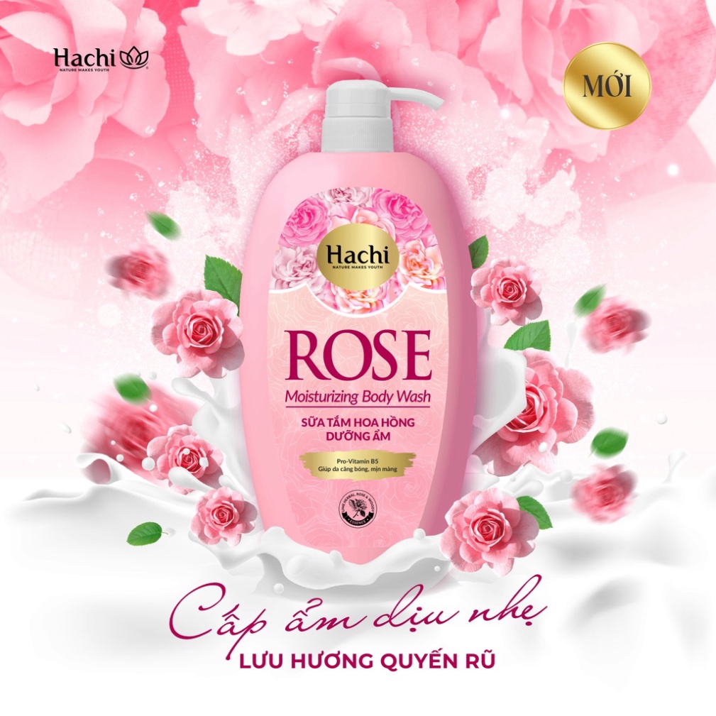Sữa tắm hoa hồng dưỡng ẩm ROSE moisturizing body wach HAchi Vitamin B5 giúp da căng bóng mịn màng lưu hương thơm dễchụi