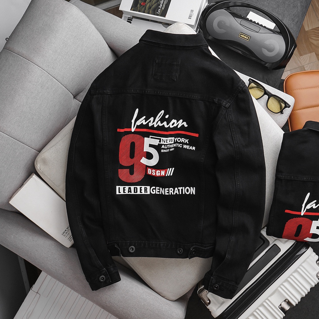 Áo khoác jean nam đen in hình 95, áo bò nam dáng ôm cao cấp co giãn Okman