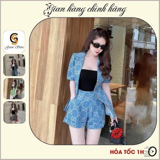 Set bộ họa tiết nữ sang cảnh kiểu Vest thời thượng, sét Vest hai món cao cấp họa tiết GG