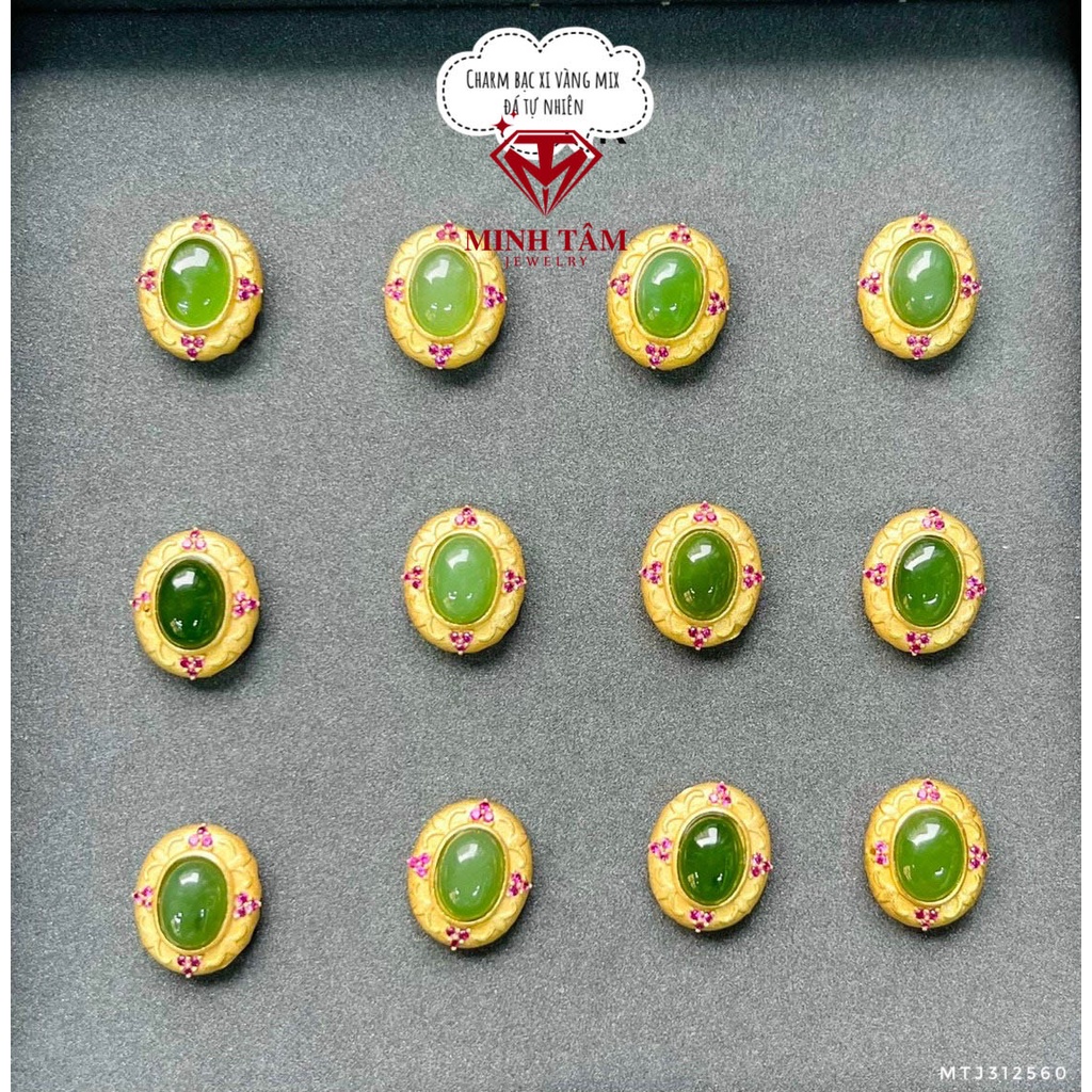 Charm bạc xi vàng đính đá Oval màu xanh thiên nhiên MTJ