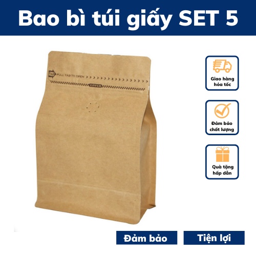 Túi giấy kraft bao bì đựng cà phê [SET 5 cái] có van 1 chiều túi 4 cạnh có zip gói hàng đựng thực phẩm giúp tái dùng lần