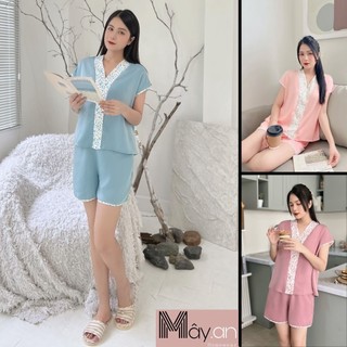 Đồ mặc nhà Mây áo viền hoa lụa nhung cao cấp - quần ngắn