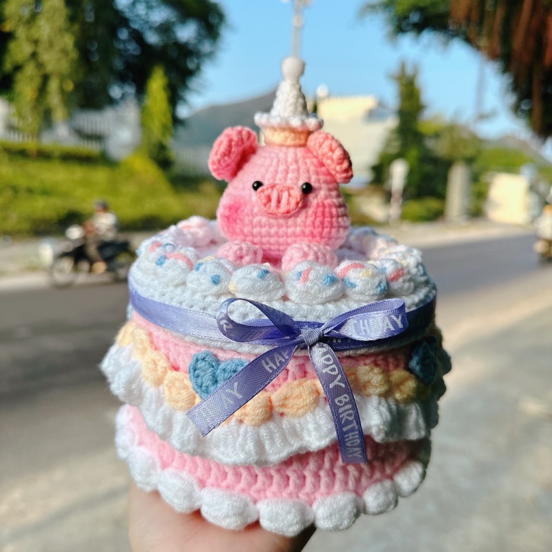 Bánh gato bằng len có thể mở nắp đựng mĩ phẩm, bánh kẹo