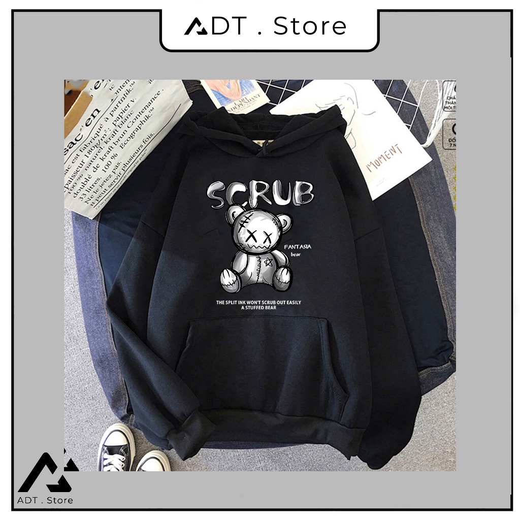 Áo Hoodie Gấu SCRUB - Mẫu hình in Sắc nét - Áo 2 Mẫu, Đen Trắng chất nỉ bông