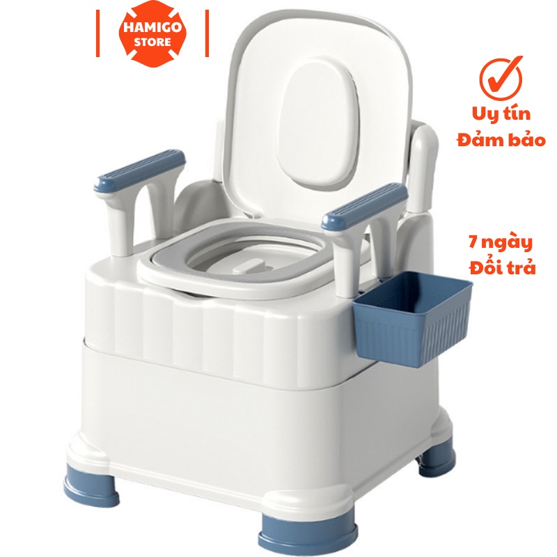 Bồn cầu di động cho người già có tay vịn tựa lưng, Bô di động cho người ốm bệnh khử mùi chống trượt