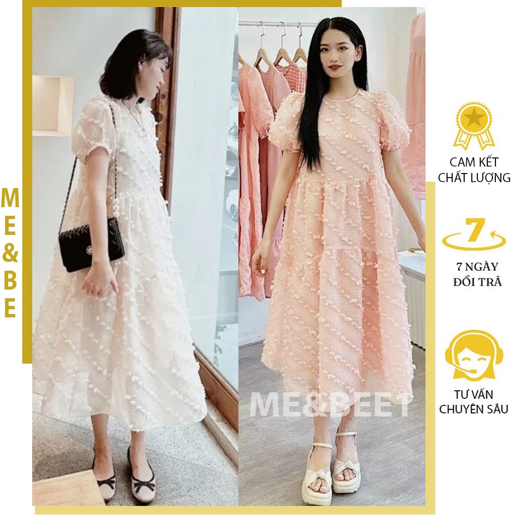 VÁY BẦU DỰ TIỆC CHẤT VOAN TƠ BÔNG NỔI - ĐẦM BẦU BABYDOLL MÙA HÈ DÁNG SUÔNG FREESIZE